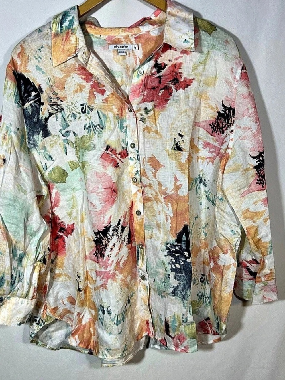 Chico's No Iron 100% Linen Floral Button Up Shirt Womens Size 4, XXL Art To Wear